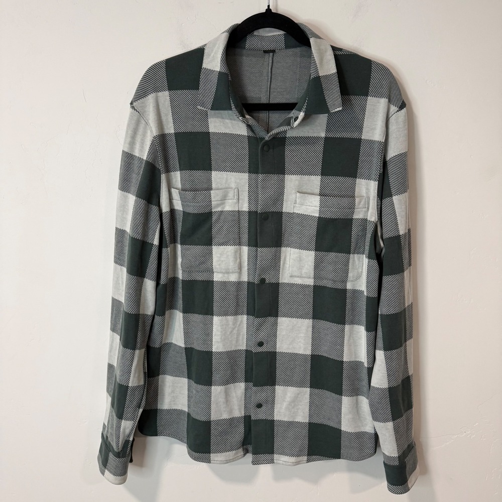 Lululemon Mens Soft Knit Overshirt Large Green Grey Excellent Buffalo Plaid Snap